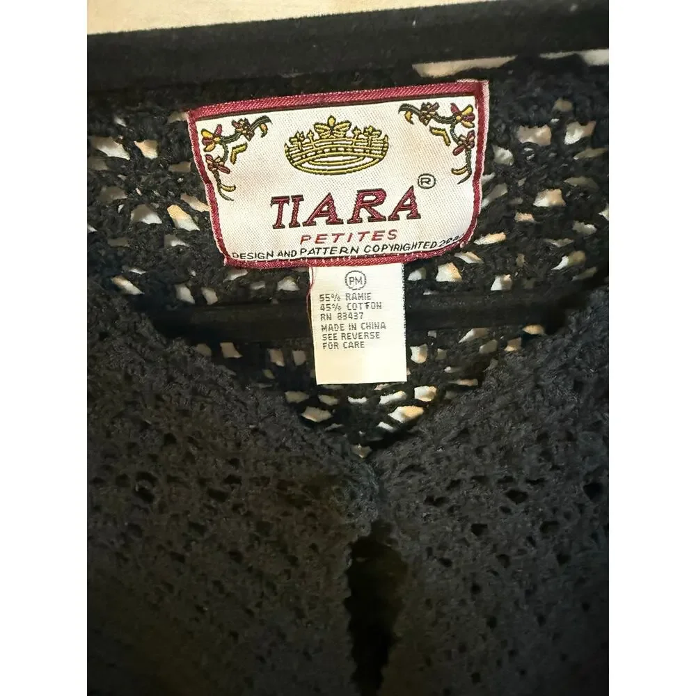 Vintage Tiara Petites Black Crochet Button Front Cardigan PM Ramie Cotton Boho